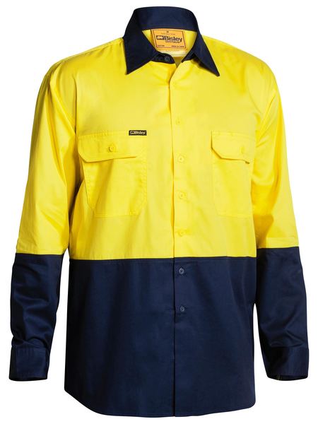 Bisley Hi Vis Cool Lightweight Long Sleeve Drill Shirt - Yellow-Bottle Green - Medium