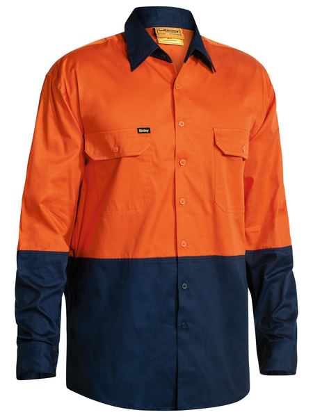 Bisley Hi Vis Cool Lightweight Long Sleeve Drill Shirt - Orange-Navy