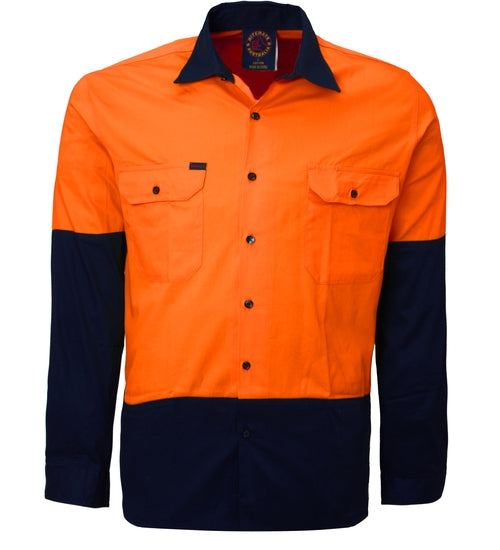Cotton Drill 2 Tone open front long sleeve shirt Yellow/Navy or Orange/Navy