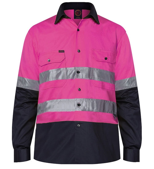 Cotton Drill 2 Tone open front long sleeve shirt with Reflective Tape