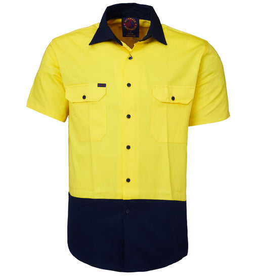 Cotton Drill 2 Tone open front short sleeve shirt Yellow/Navy or Orange/Navy