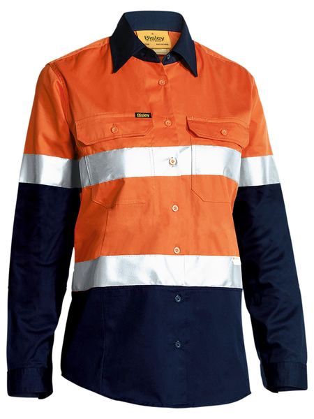 Bisley Women's Orange/Yellow Light Weight Long Sleeved Hi Vis Shirt with Tape