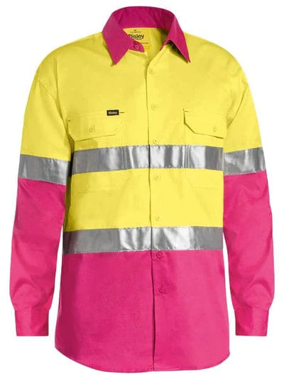 Bisley Mens Pink/Yellow Long Sleeved Hi Vis Shirt with Tape